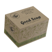 Brown cardboard box with green vegetable illustrations, labeled "Good Soup" with 24 noodle packages inside.