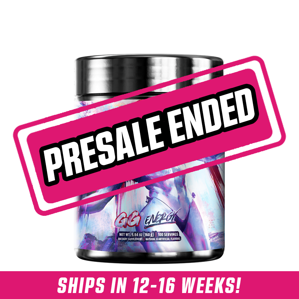 Black container with vibrant purple and red abstract art featuring a muscular figure and supplement facts label on the side.