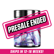 Black container with vibrant purple and red abstract art featuring a muscular figure and supplement facts label on the side.