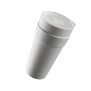 White double-layered foam cup with a clear plastic lid and textured surface angled on white background.