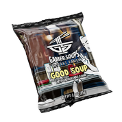 Black package of Gamer Soups instant noodles with nutrition facts and cooking instructions on the back.