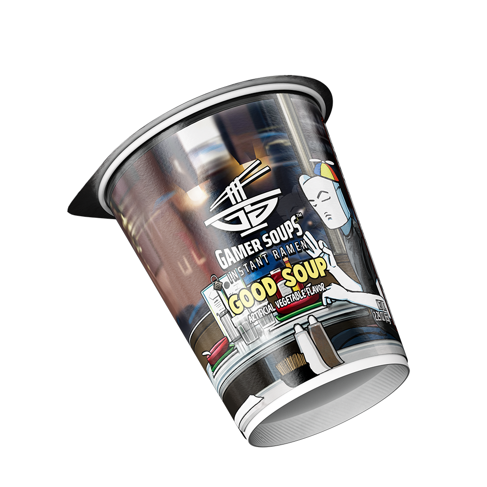 Round lid with yellow, blue, and orange sections featuring a white bowl with chopsticks and "Gamer Soups Instant Ramen" text.