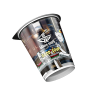 Round lid with yellow, blue, and orange sections featuring a white bowl with chopsticks and "Gamer Soups Instant Ramen" text.