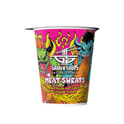 Top view of instant ramen cup lid with an open mouth, flames, and bold "Meat Sweats" text in pink and yellow.