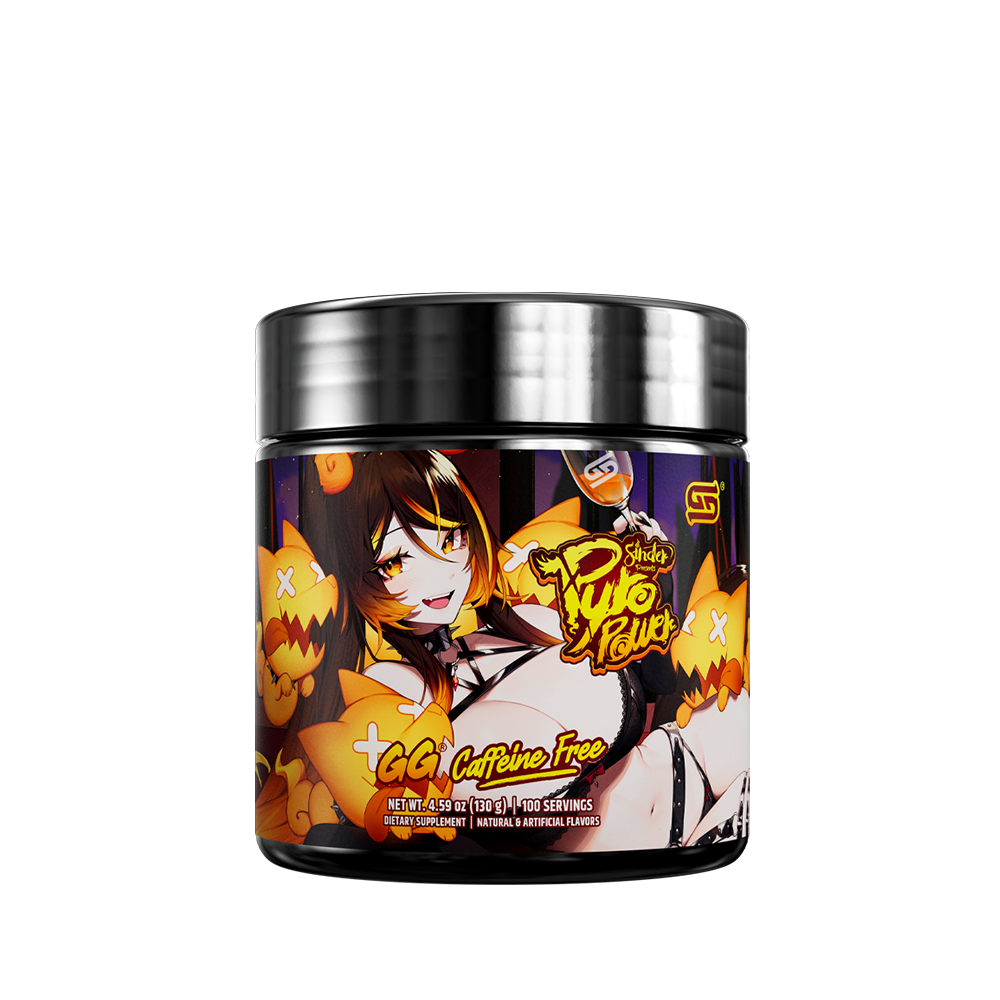 Black jar with a purple and yellow label showing supplement facts and directions in yellow and white text.