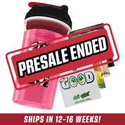 Pink shaker cup with black lid and red flip cap featuring a black-and-white anime girl with bat wings and heart cutouts.