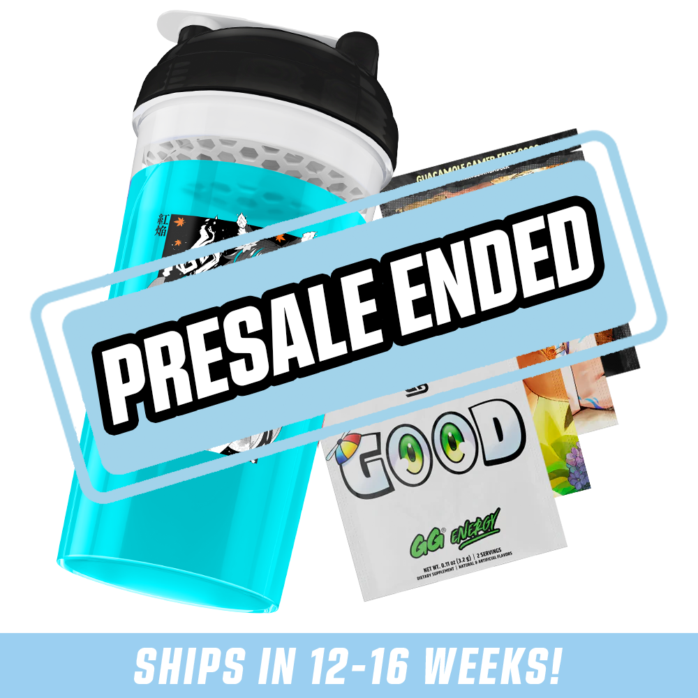 Bright turquoise shaker cup with black lid and hexagonal inner mixer, accompanied by colorful supplement packets.