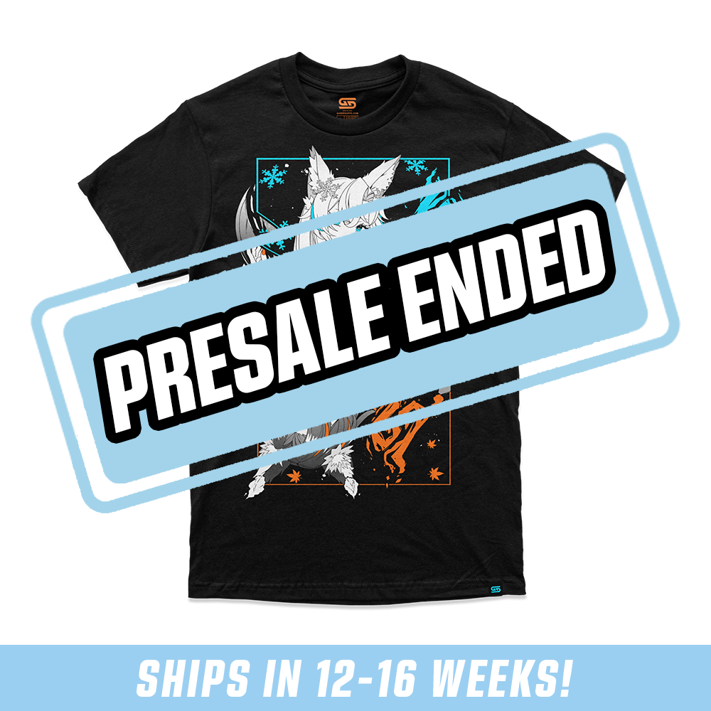 Black t-shirt sizing chart with white text showing measurements from size S to 6XL including chest and length.