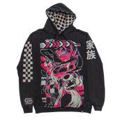 Black hoodie sizing chart showing measurements for sizes S to 6XL including length and bust in inches.