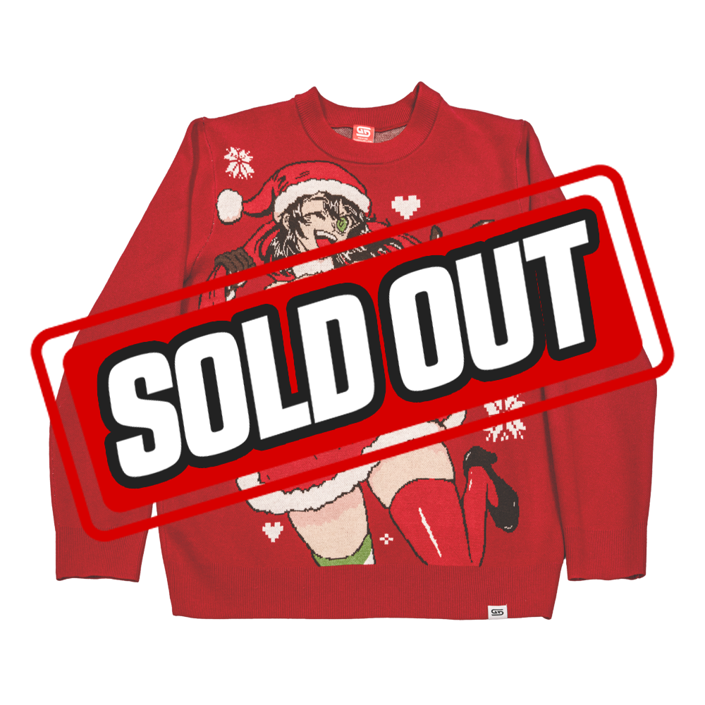 Red Christmas sweater featuring a playful anime woman in a Santa outfit with snowflakes and hearts.