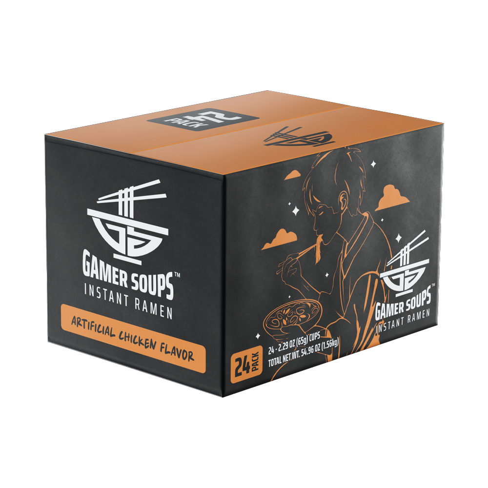 Black and orange label with white chopsticks and bowl logo and "Gamer Soups Instant Noodles" text.