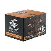 Black and orange label with white chopsticks and bowl logo and "Gamer Soups Instant Noodles" text.