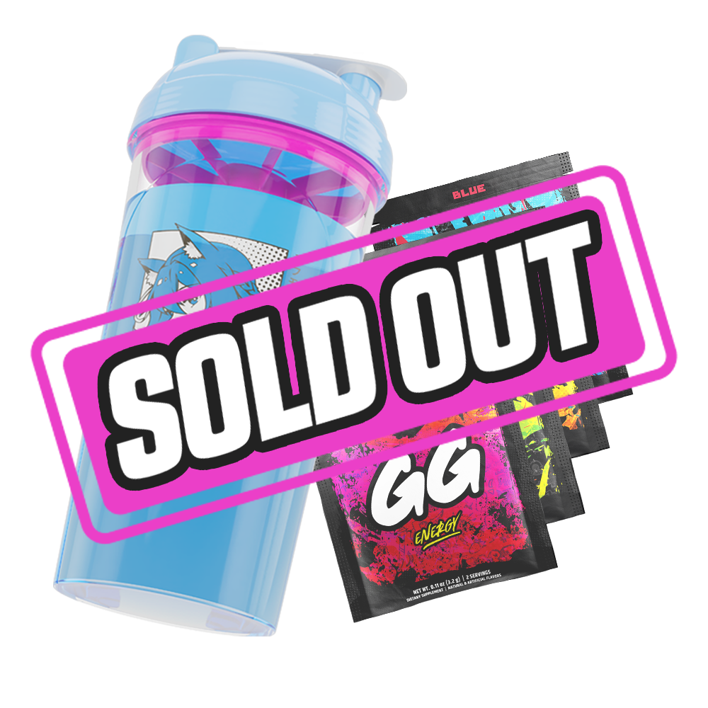 Blue shaker cup with anime fox girl illustration and four colorful GG Energy drink mix packets in various flavors.