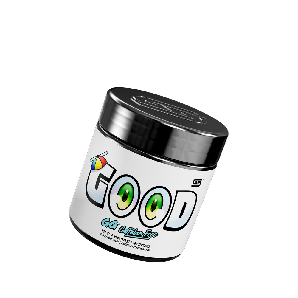 front of GOOD 100 serving caffeine free tub tilted right showing Gamer Supps logo on top of lid
