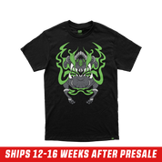 Black short-sleeve shirt with a small green logo centered near the upper back collar in size 6XL.