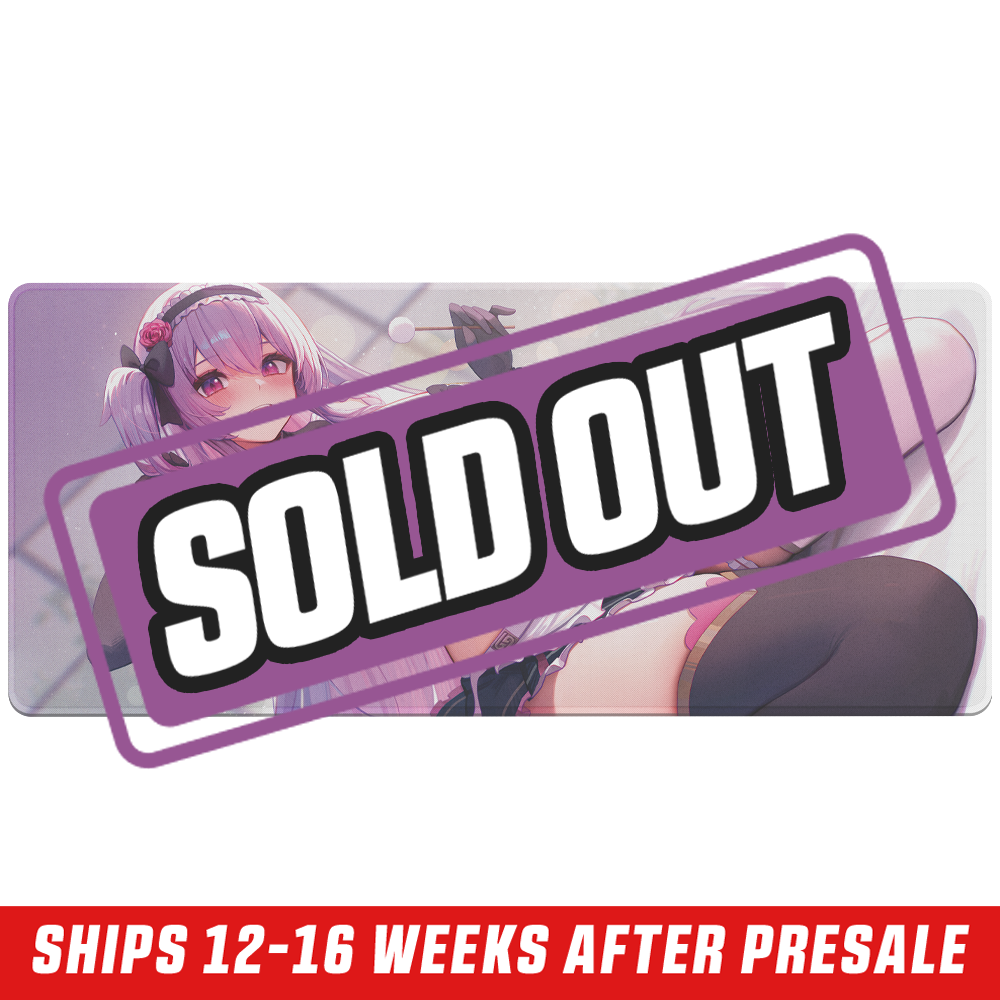 Mouse pad featuring anime-style character with long lavender hair, black gloves, and pink-accented maid outfit reclining.