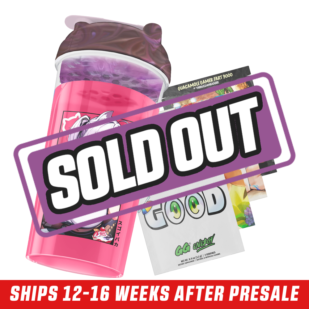 Pink shaker cup with a purple lid and anime girl with lavender hair in lingerie on the front panel.