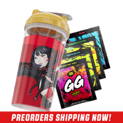 Clear tumbler with gold glitter lid featuring an anime woman with black hair and red accents in a futuristic outfit.