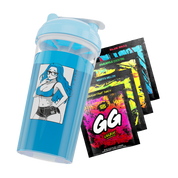 Blue shaker cup with anime girl in glasses and four colorful GG Energy powder packets in various flavors.