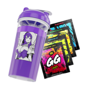 Purple shaker cup with anime character in white hood and four colorful GG Energy drink mix packets.