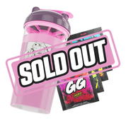 Pink and purple shaker cup featuring a monochrome anime girl with cat ears and four colorful GG Energy drink mix packets.