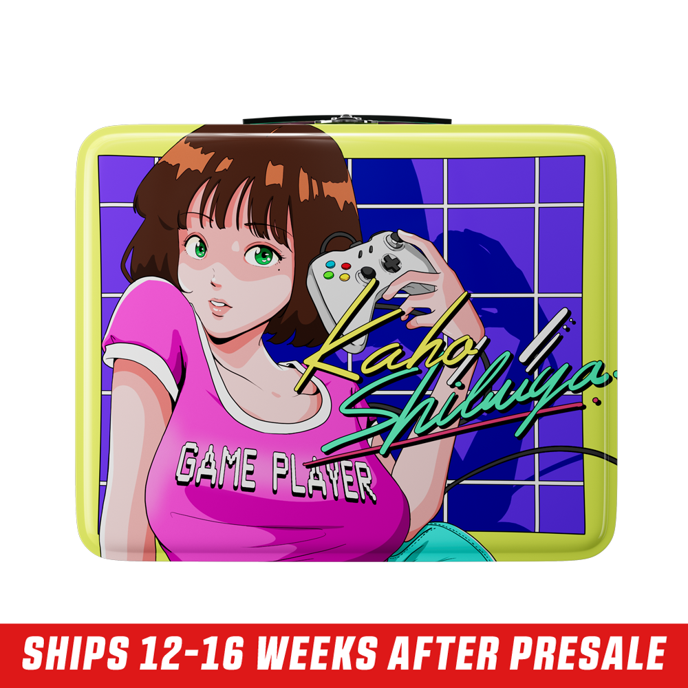 Square lunchbox with retro anime girl in pink shirt holding a game controller on a purple grid background.