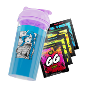 Blue shaker cup with purple lid featuring anime girl with blue hair and fishnet top, next to colorful energy packets.