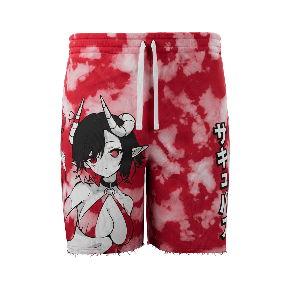 Front of Red Tie Dyed Succubus Sweat Shorts