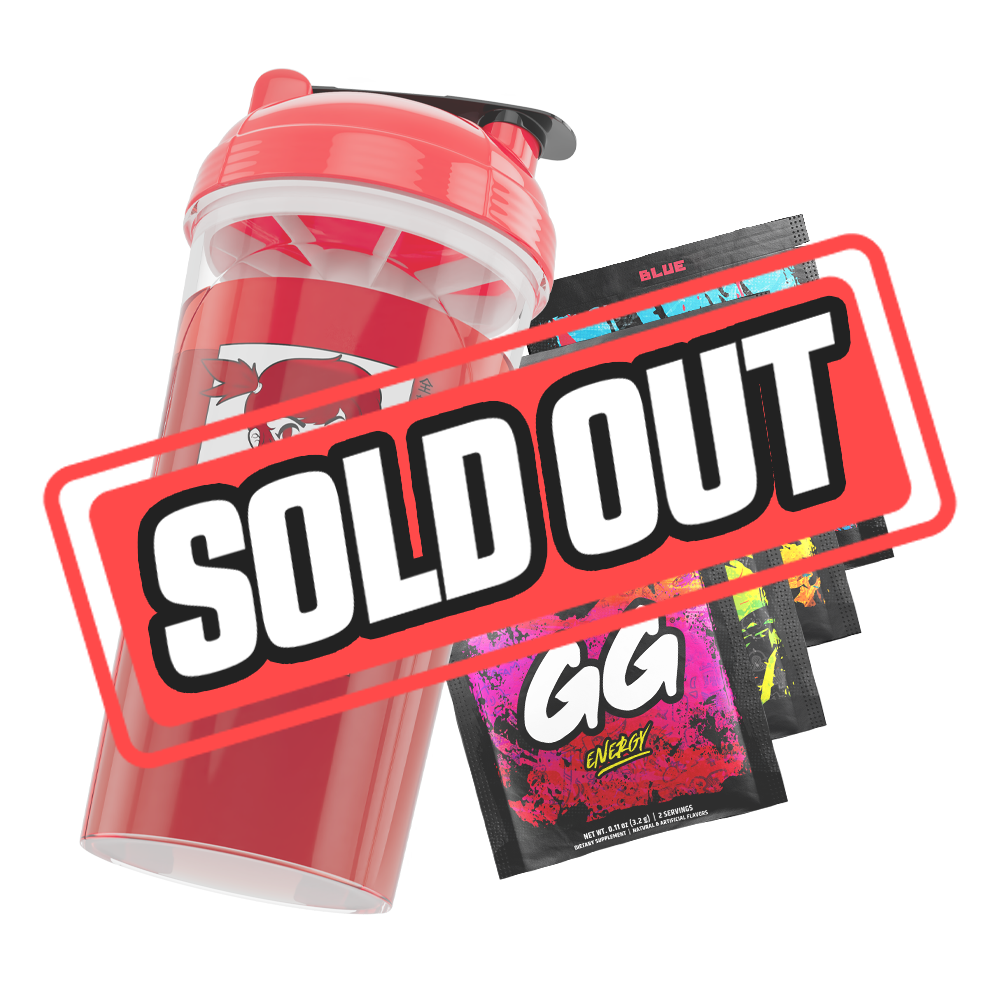 Clear shaker cup with a red lid and black flip cap, featuring a bold black and white stylized logo on the side.