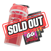 Clear shaker cup with a red lid and black flip cap, featuring a bold black and white stylized logo on the side.