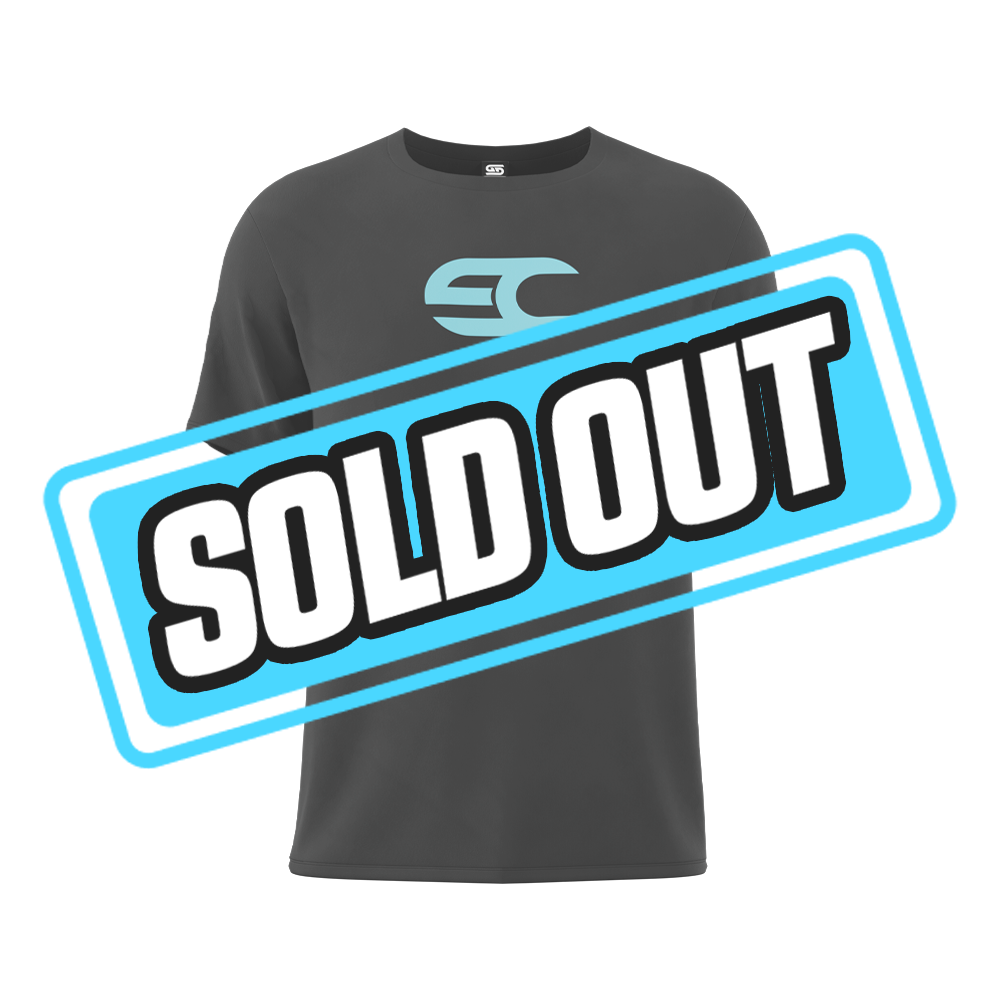 Black sweatsuit with light blue logo on chest and pants, and matching blue cuffs on the jogger pants.