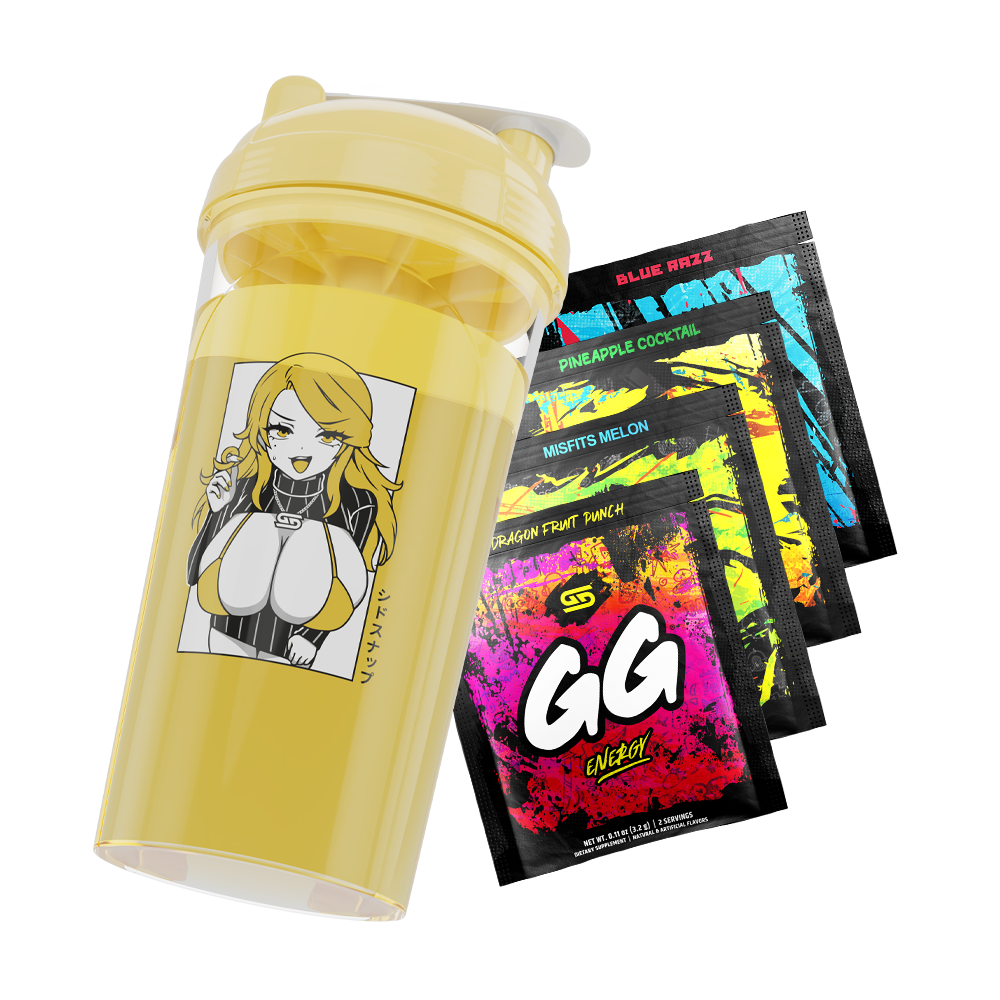 Yellow shaker cup featuring an anime woman with blonde hair and four colorful GG Energy drink mix packets.