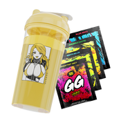 Yellow shaker cup featuring an anime woman with blonde hair and four colorful GG Energy drink mix packets.