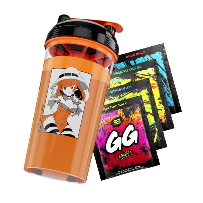 Orange and black shaker cup with anime witch girl design next to colorful energy drink powder packets in various flavors.