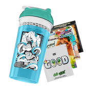 Blue and teal shaker bottle with cartoon design