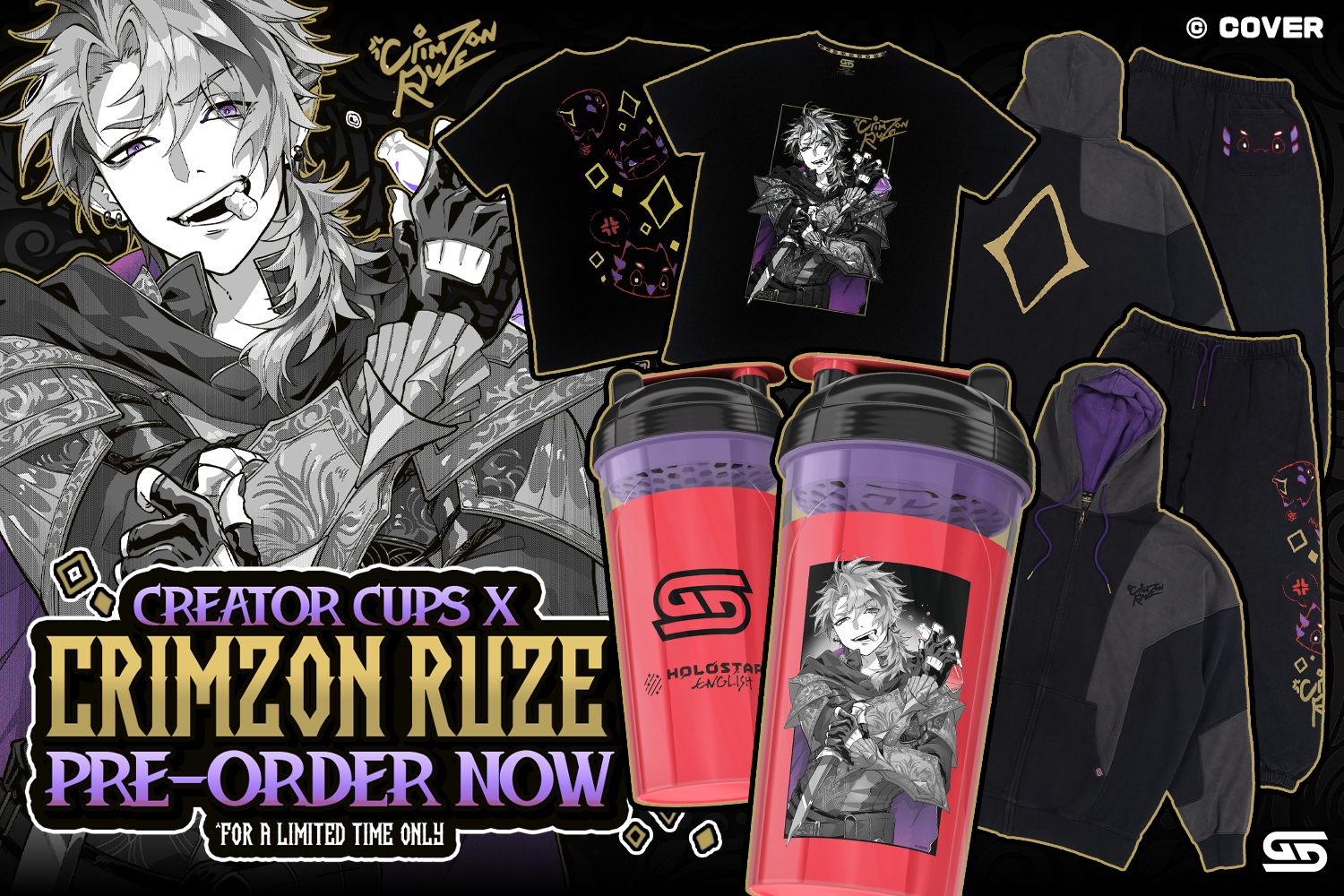 Promotional collage for a pre-order limited edition featuring anime-style artwork of a character named Crimzon Ruze, with black graphic T-shirts, a black hoodie, and two red-and-purple creator cups shown on a dark background. Large text reads 'CREATOR CUPS X CRIMZON RUZE PRE-ORDER NOW'.
