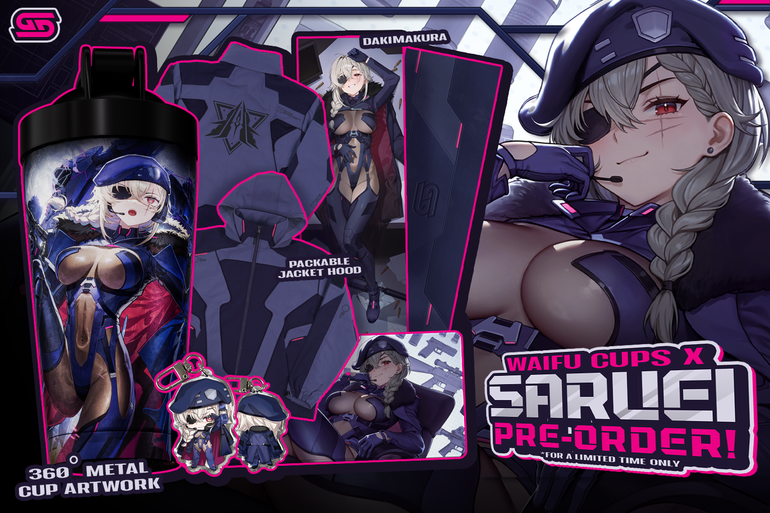 Promotional collage for a Waifu Cups x Saruei pre-order featuring anime character artwork, a large illustrated metal cup, jacket hood design, keychain figures, and text reading 'Waifu Cups x Saruei  Pre-Order!'.