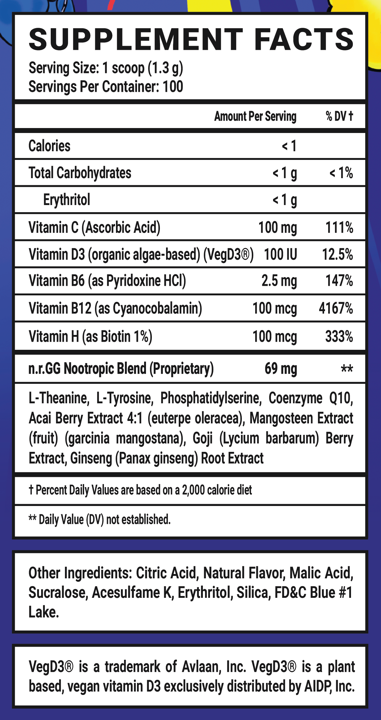 BBL GG by Clooless Caffeine Free - 100 Servings Nutrition Chart