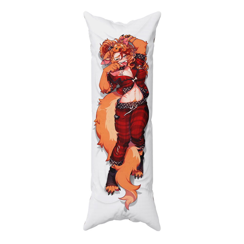 A long white body pillow featuring a detailed anime-style illustration of an orange-furred character in a red outfit, shown against a plain white background.