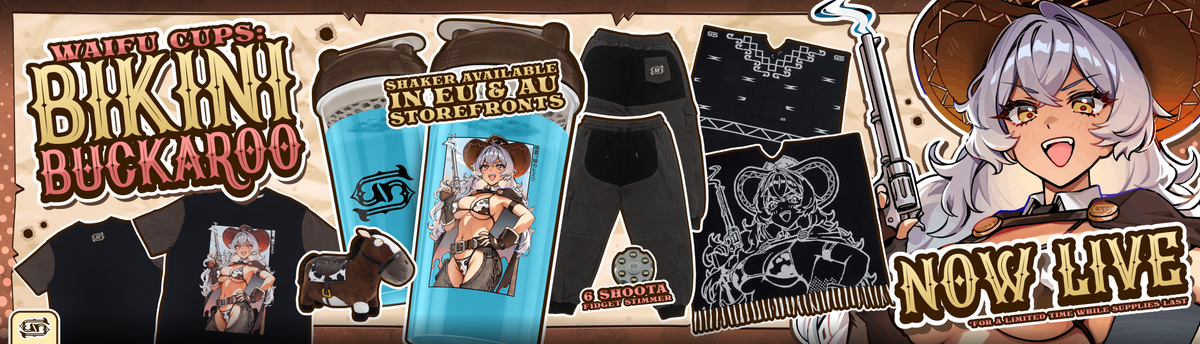 A promotional banner for Waifu Shop's 'Bikini Buckaroo' merchandise, featuring anime-style artwork of a character with silver hair and a cowboy hat. The banner showcases various products including black t-shirts, a blue tank top, black pants, and a black graphic sweatshirt, along with 'Waifu Shop's Bikini Buckaroo' branding and a 'Now Live' callout.