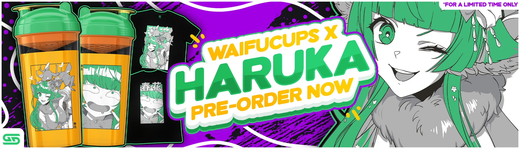Promotional banner for WaifuCups x Haruka pre-order, showing illustrated character art, a green-topped tumbler, and a black t-shirt with character prints on a bright purple background with large text reading 'WAIFUCUPS X HARUKA PRE-ORDER NOW'.