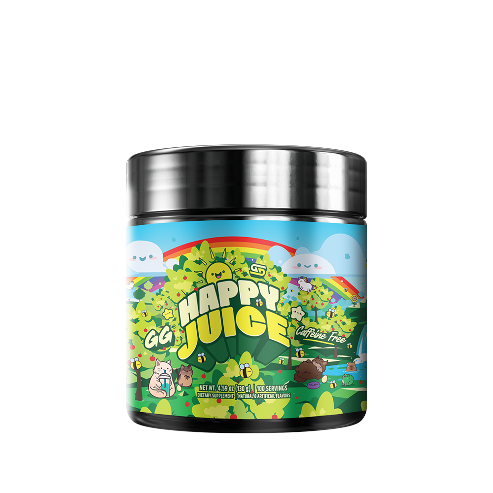 Black container with colorful cartoon forest and rainbow label featuring animals and "Caffeine Free" text