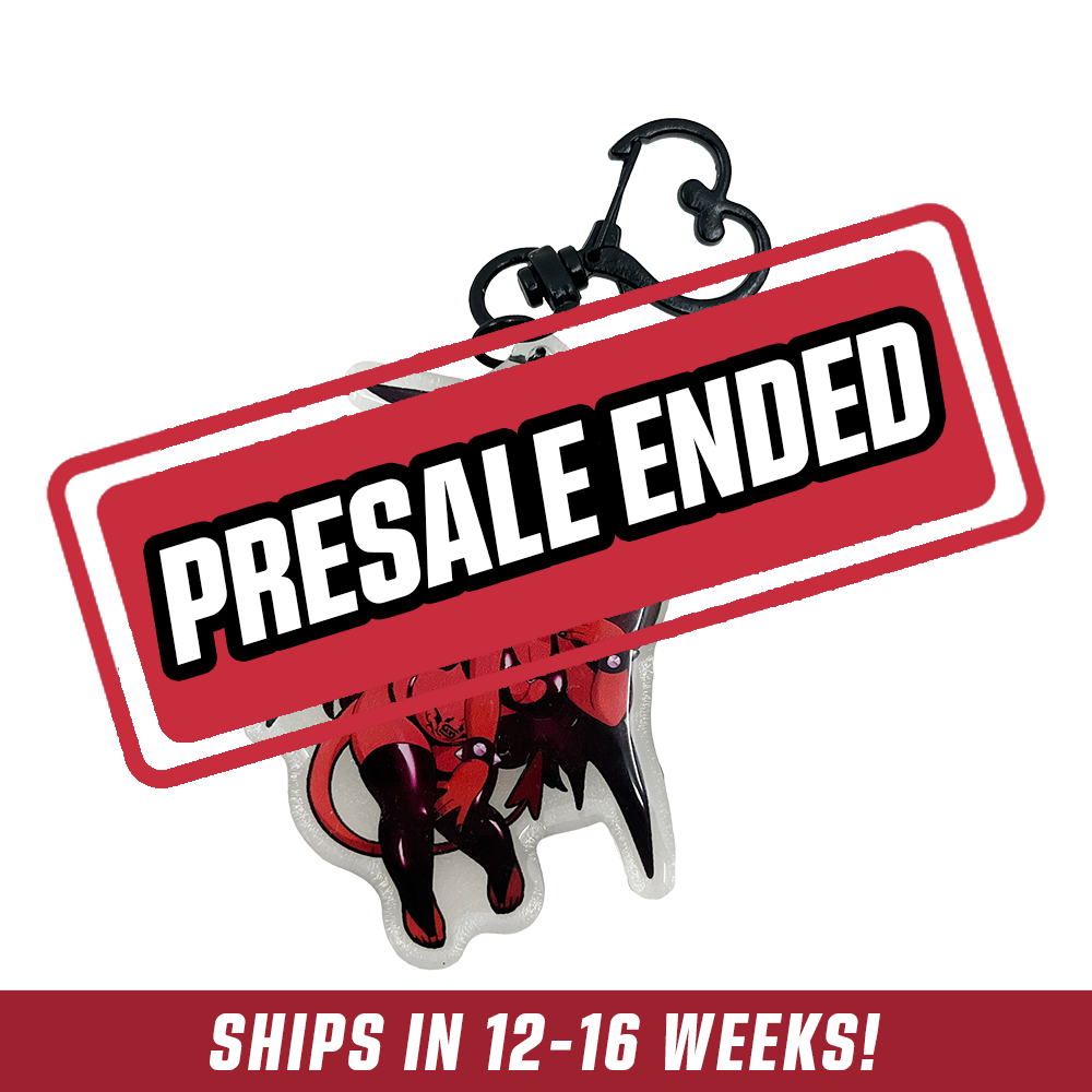 Double-sided acrylic keychain featuring a black and white chibi demon girl with horns, wings, and a heart-shaped clasp.