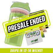 Light green shaker cup with anime girl illustration and assorted colorful energy drink packets behind it