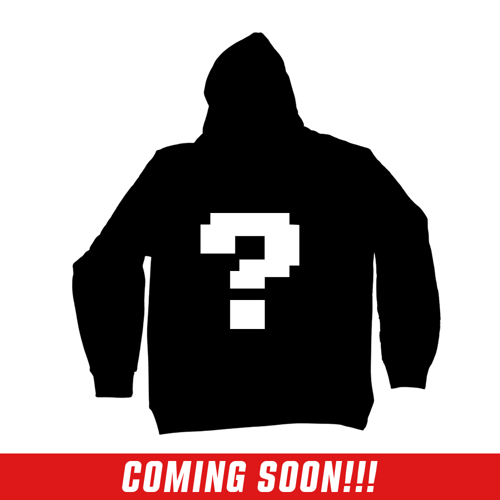 Black hoodie with a large white question mark on the front and a hood, shown as a silhouette.
