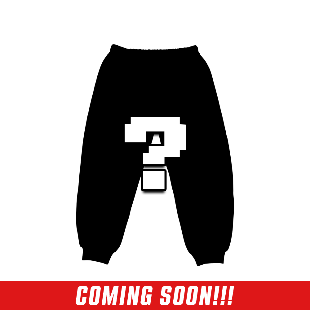 Black sweatpants with elastic cuffs and waistband, shown with a pixelated white question mark on the front.