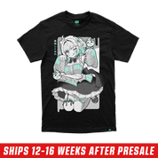 Black t-shirt sizing chart with white text showing measurements from size S to 6XL including chest and sleeve.