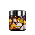 Black jar with a purple and yellow label showing supplement facts and directions in yellow and white text.