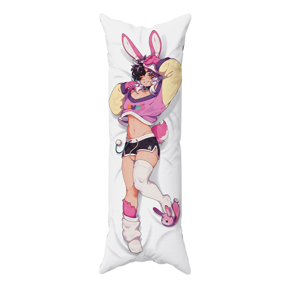 A long white body pillow featuring a printed anime-style illustration of a bunny-themed character in a pink and yellow outfit with black shorts, shown on a plain white background.