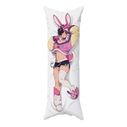 A long white body pillow featuring a printed anime-style illustration of a bunny-themed character in a pink and yellow outfit with black shorts, shown on a plain white background.